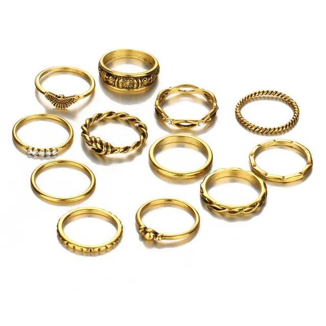17KM 12 pc/set Charm Gold Color Midi Finger Ring Set for Women Vintage Boho Knuckle Party Rings Punk Jewelry Gift for Girl