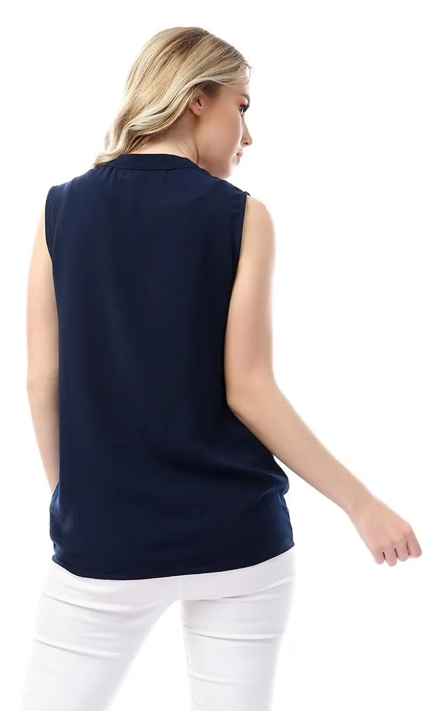 54407 Simple Mandarin Collar Solid Navy Blue Top