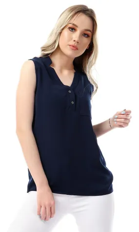 54407 Simple Mandarin Collar Solid Navy Blue Top