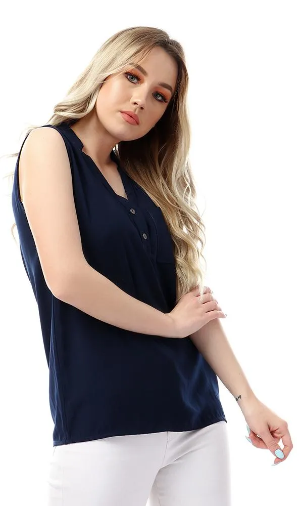 54407 Simple Mandarin Collar Solid Navy Blue Top