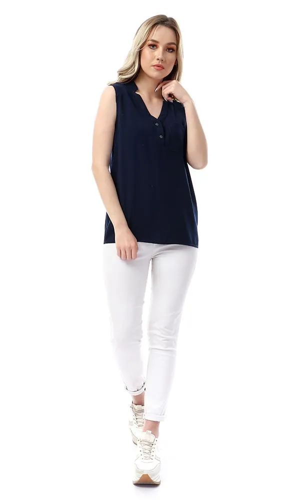 54407 Simple Mandarin Collar Solid Navy Blue Top