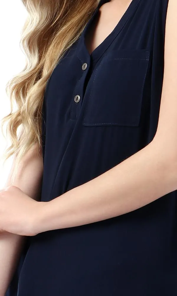 54407 Simple Mandarin Collar Solid Navy Blue Top