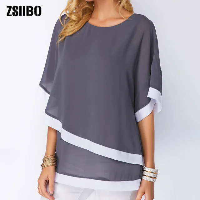 5XL Plus Size Patchwork Double layer Women Blouse Casual Sexy Batwing tunic 2019 Summer Large size Women Shirts Clothes