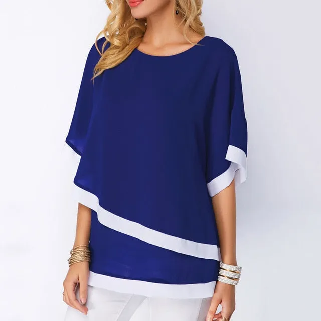 5XL Plus Size Patchwork Double layer Women Blouse Casual Sexy Batwing tunic 2019 Summer Large size Women Shirts Clothes