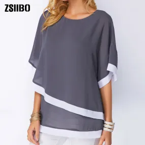5XL Plus Size Patchwork Double layer Women Blouse Casual Sexy Batwing tunic 2019 Summer Large size Women Shirts Clothes
