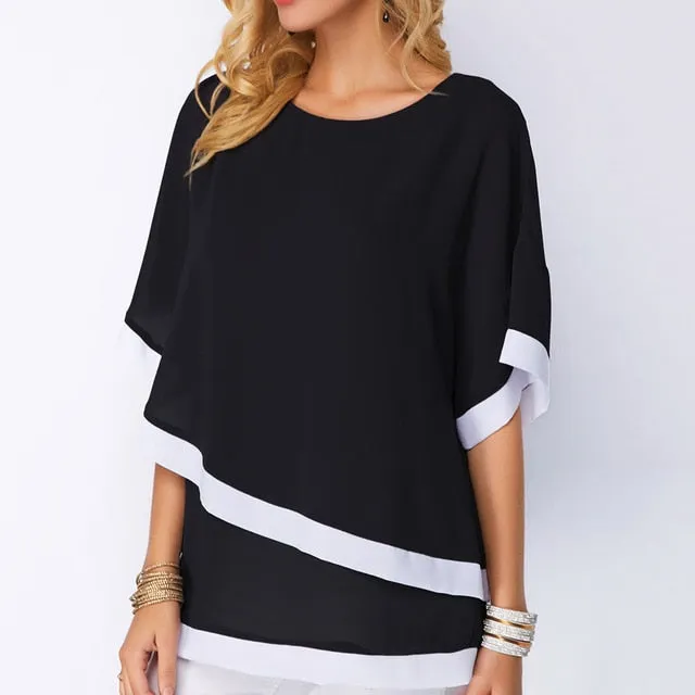5XL Plus Size Patchwork Double layer Women Blouse Casual Sexy Batwing tunic 2019 Summer Large size Women Shirts Clothes