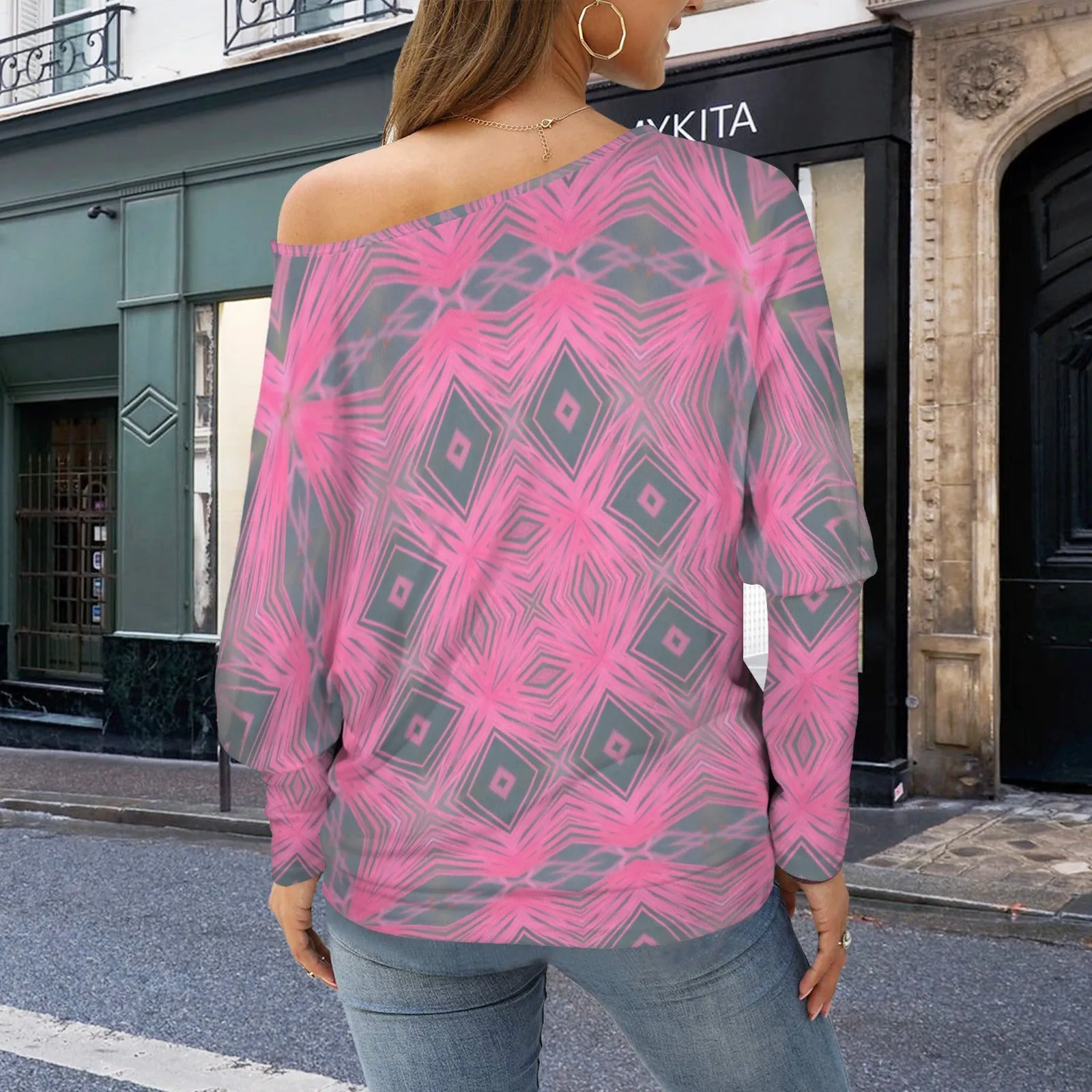 Batwing Long Sleeve Sweater Pink and Gray Plaid