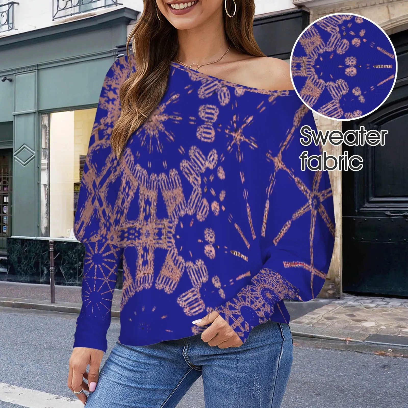Batwing Sleeve Sweater Indigo and Rose Gold Graphic