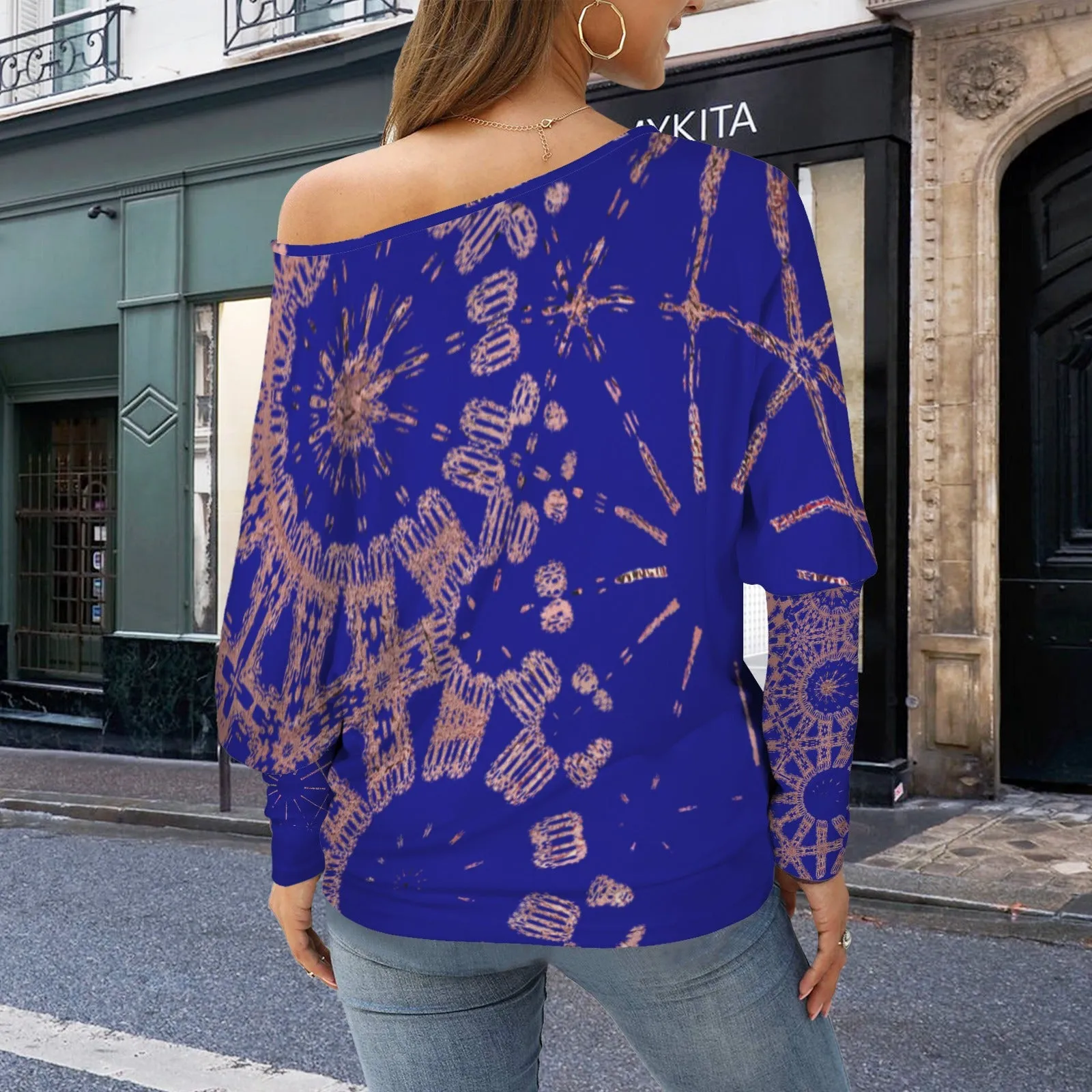 Batwing Sleeve Sweater Indigo and Rose Gold Graphic