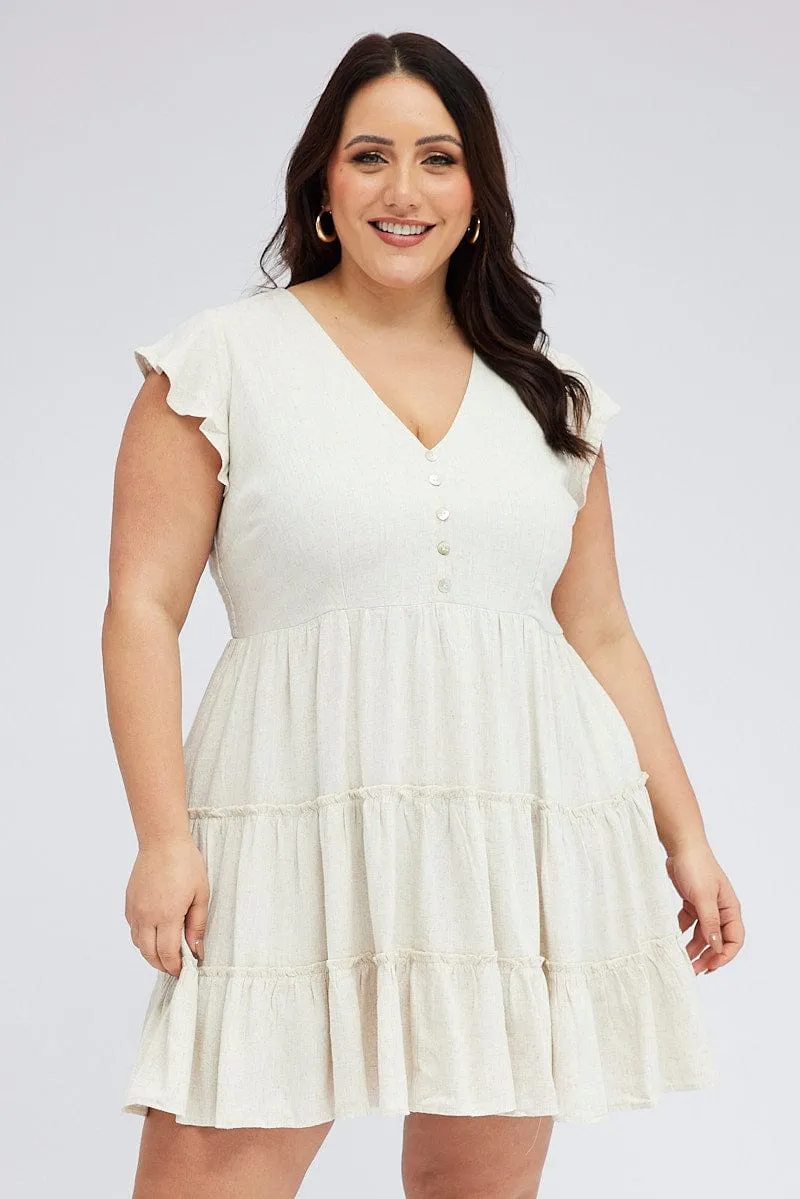 Beige Fit and Flare Dress Short Sleeve Tiered
