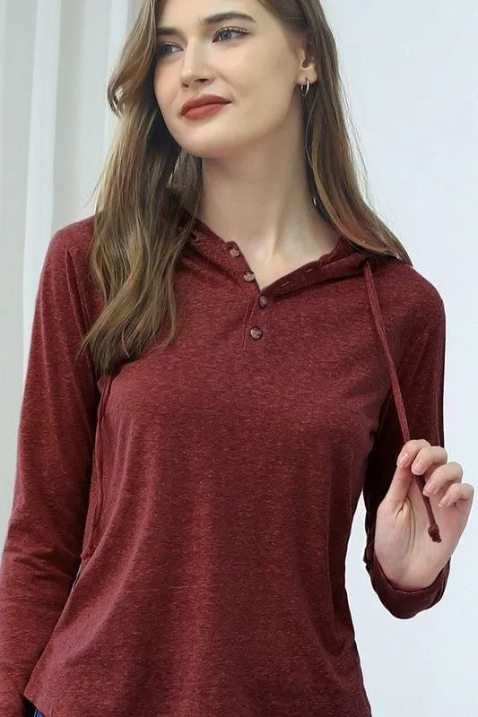 BUTTON DOWN HENLEY LIGHT WEIGHT HOODIE TOP