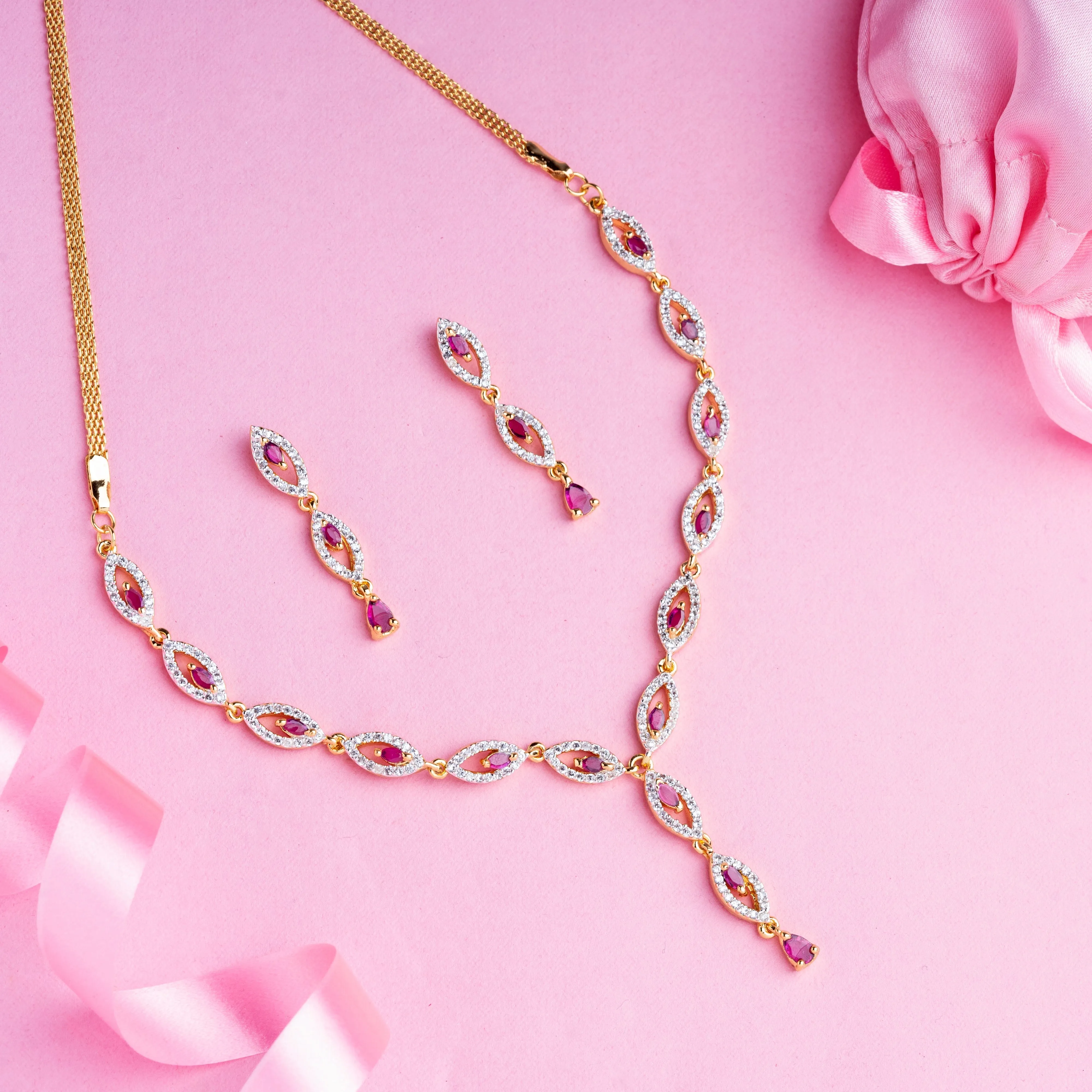 Estele - 24 CT gold plated Pretty Necklace Set for Women with Austrian Crystals and Ruby stones