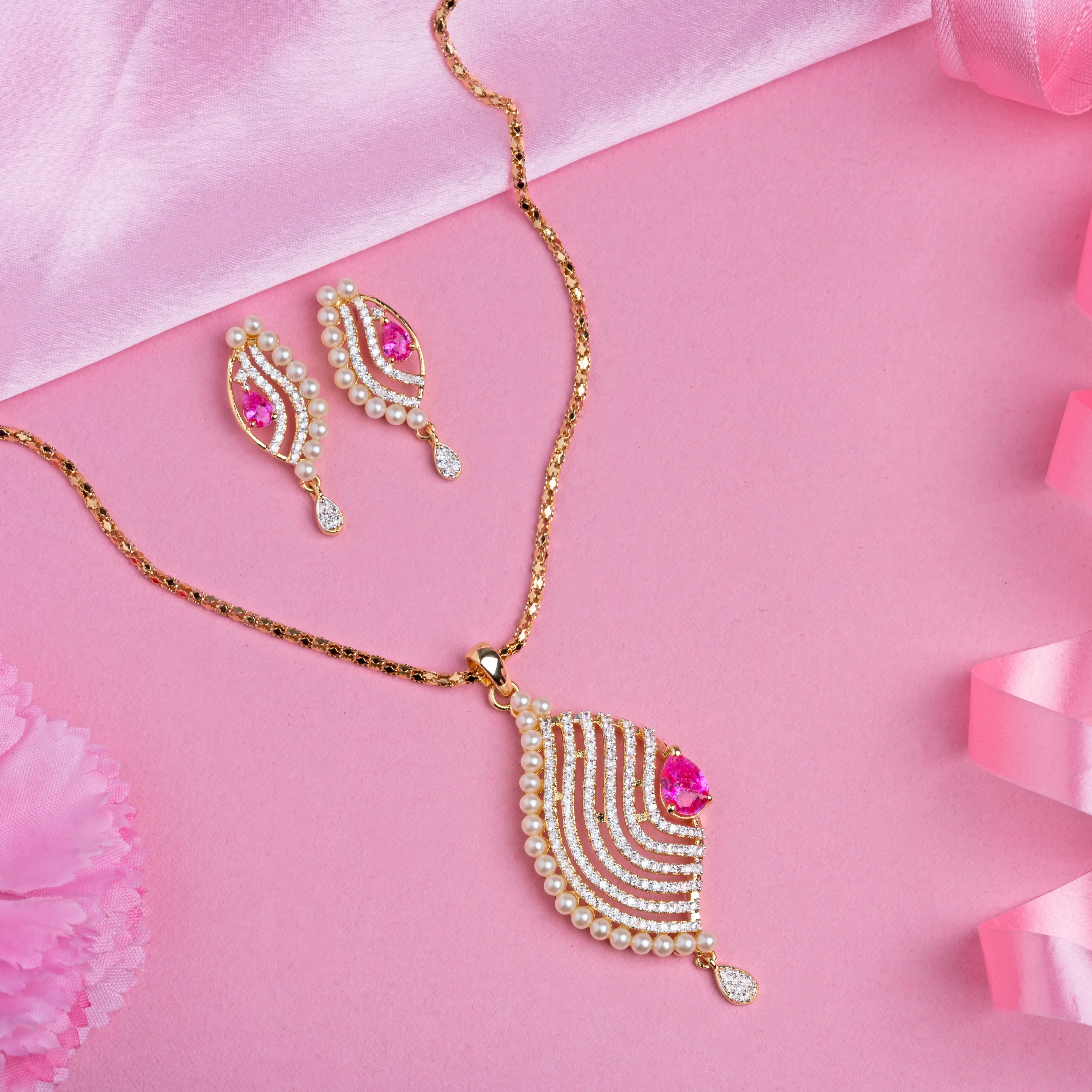 Estele - 24 KT Gold plated Pendant Set with Austrian Crystals and Ruby stones