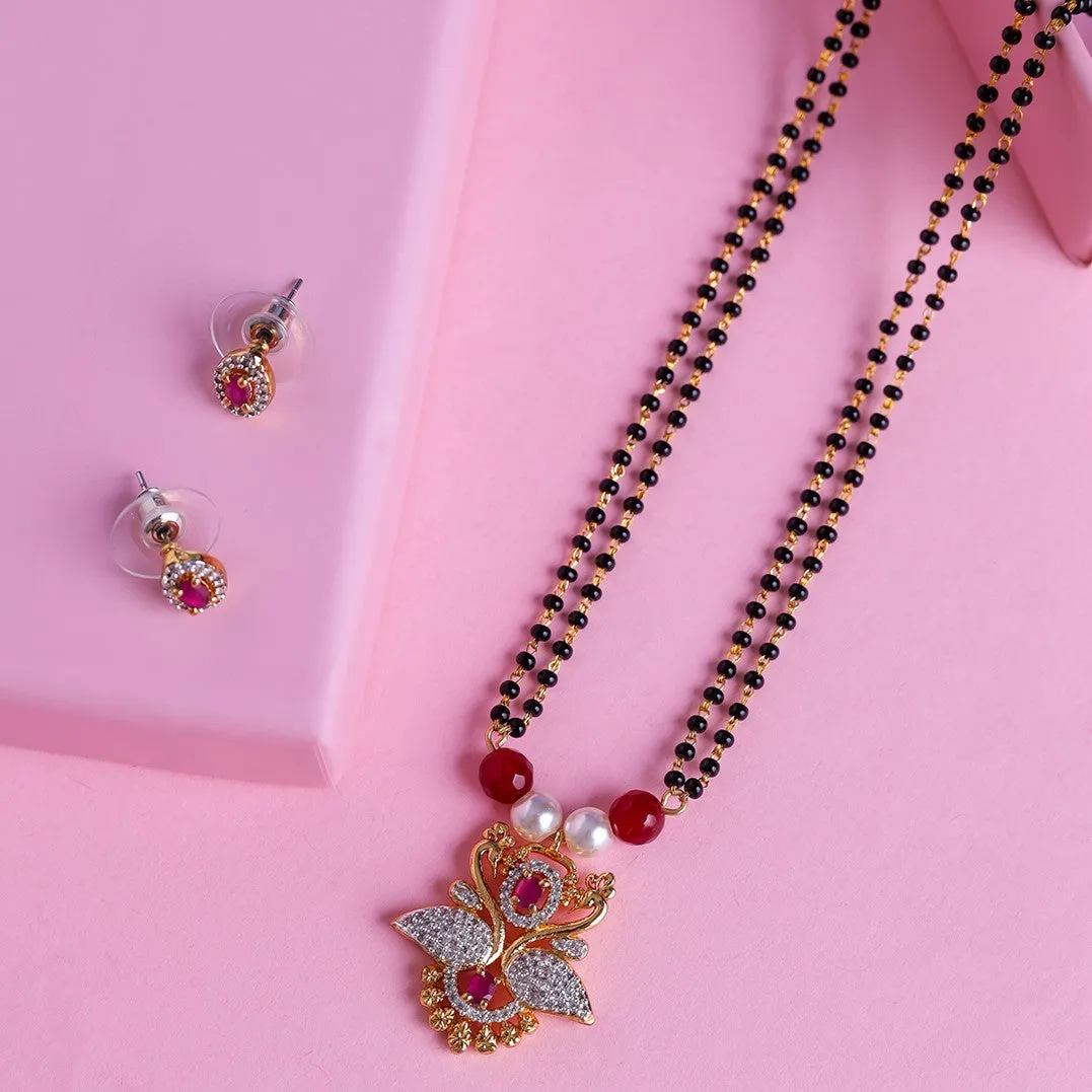 Estele 24 KT gold plated Ruby and American Diamond Swan Mangalsutra Set for Women
