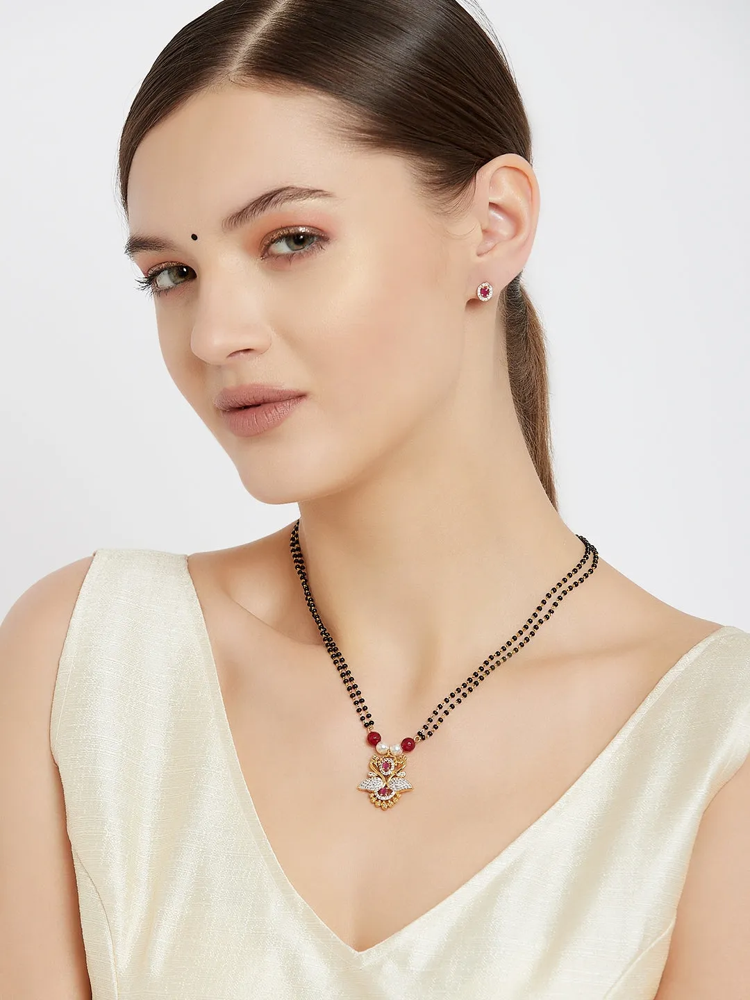 Estele 24 KT gold plated Ruby and American Diamond Swan Mangalsutra Set for Women