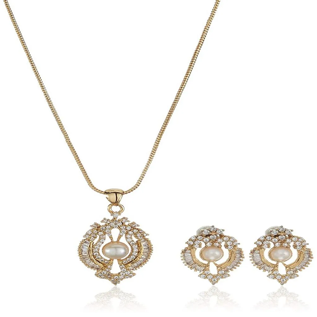 Estele Elegant pearl and American diamond fancy shaped Pendant Set for Women