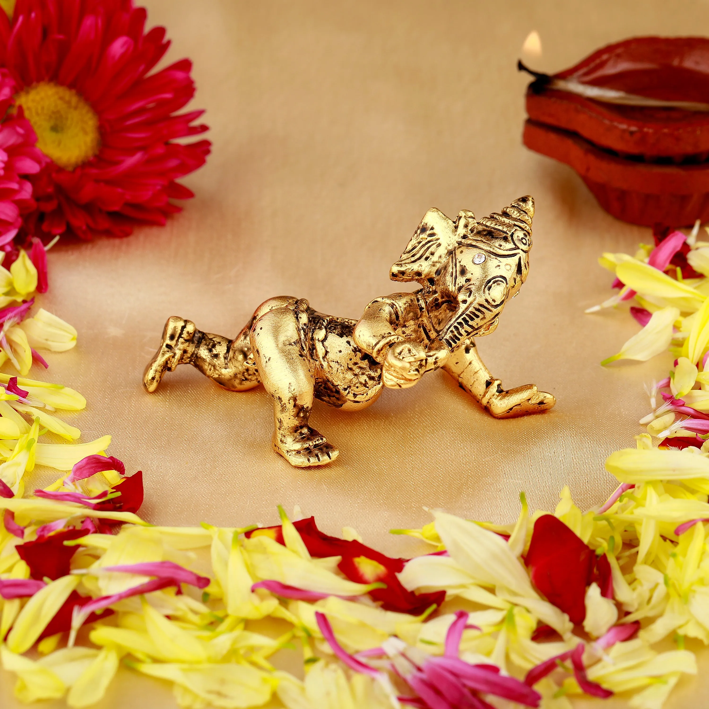 Estele Gold Plated Antique Spiritual Lord Bal Ganesh Idol for Gifts & House Warming/Home/Office Decors.