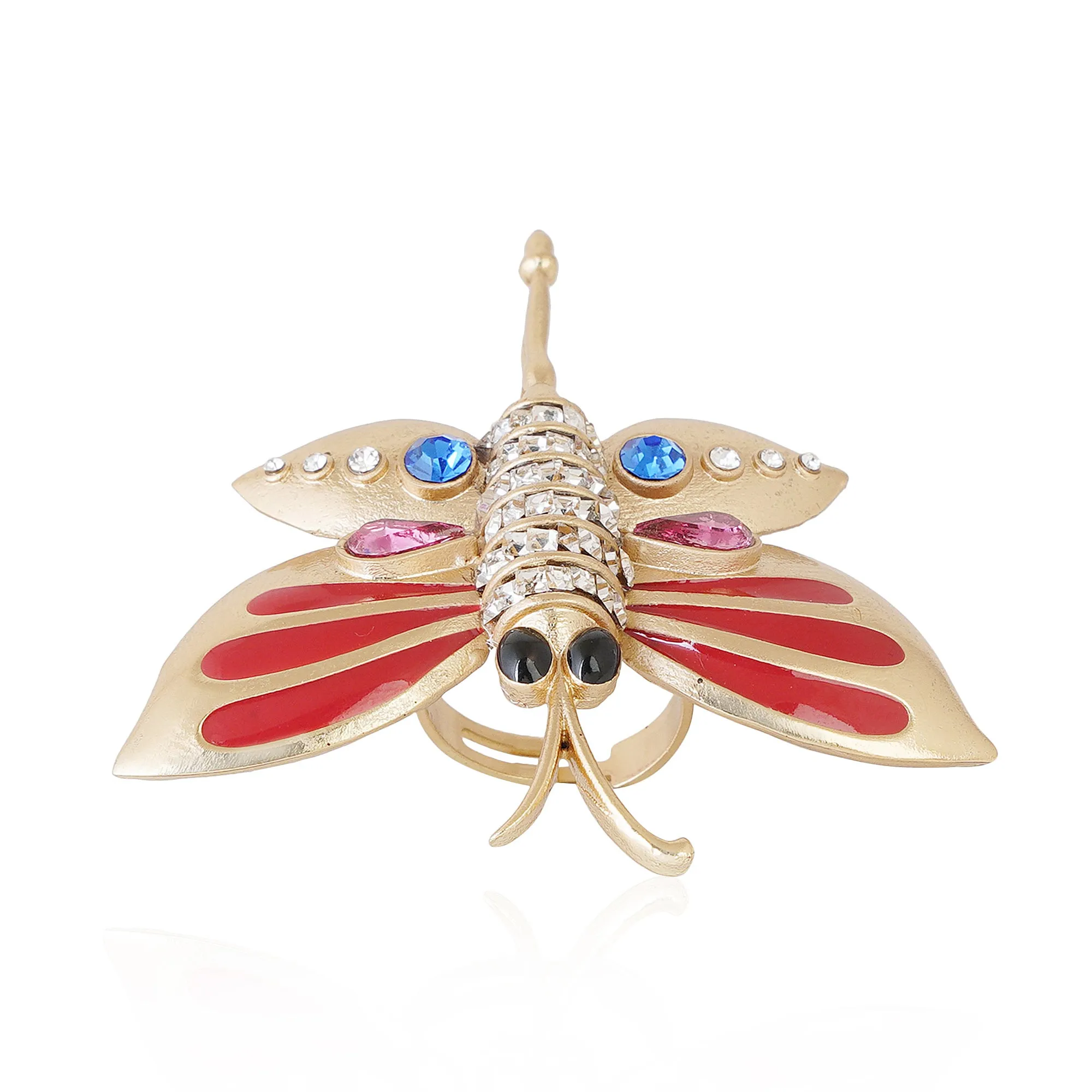 Estele Gold Plated Butterfly Shaped Finger Ring with Enamel & Crystals for Women(Adjustable)