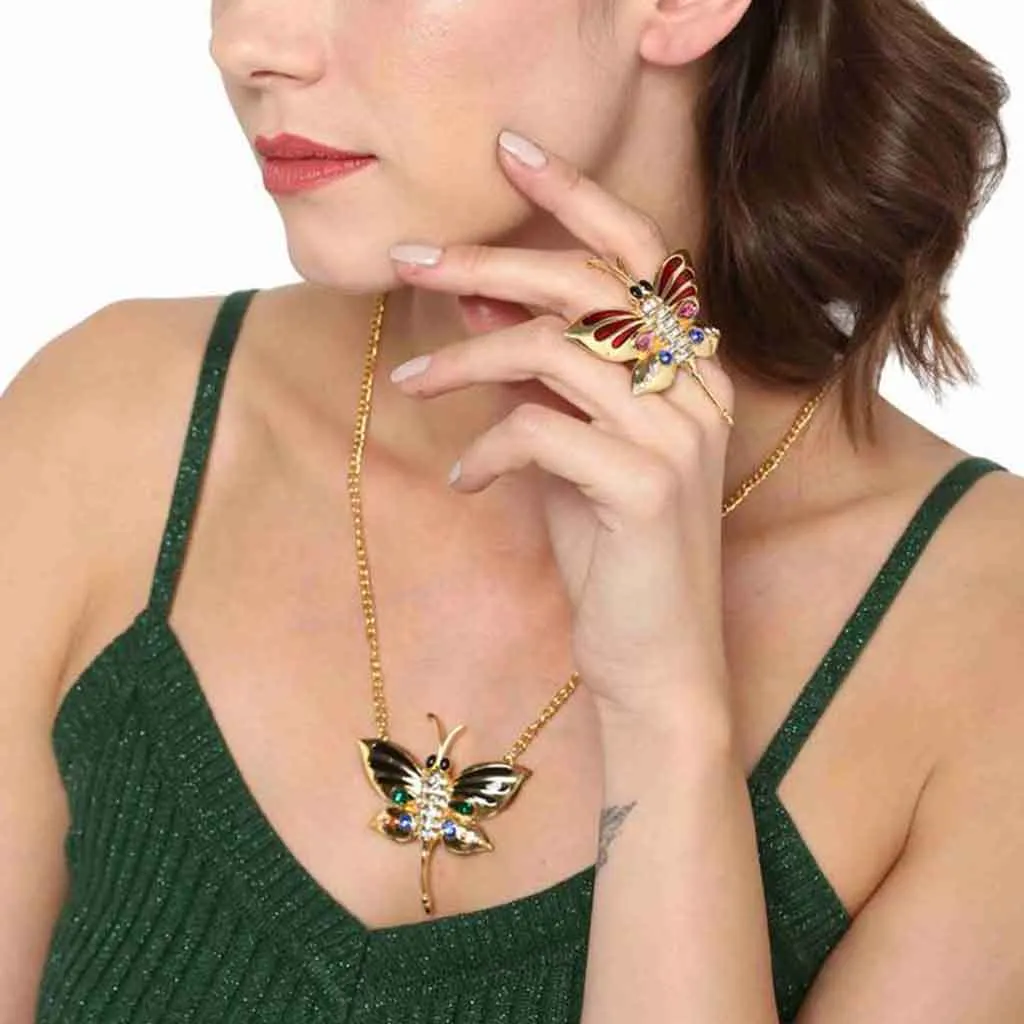 Estele Gold Plated Butterfly Shaped Finger Ring with Enamel & Crystals for Women(Adjustable)