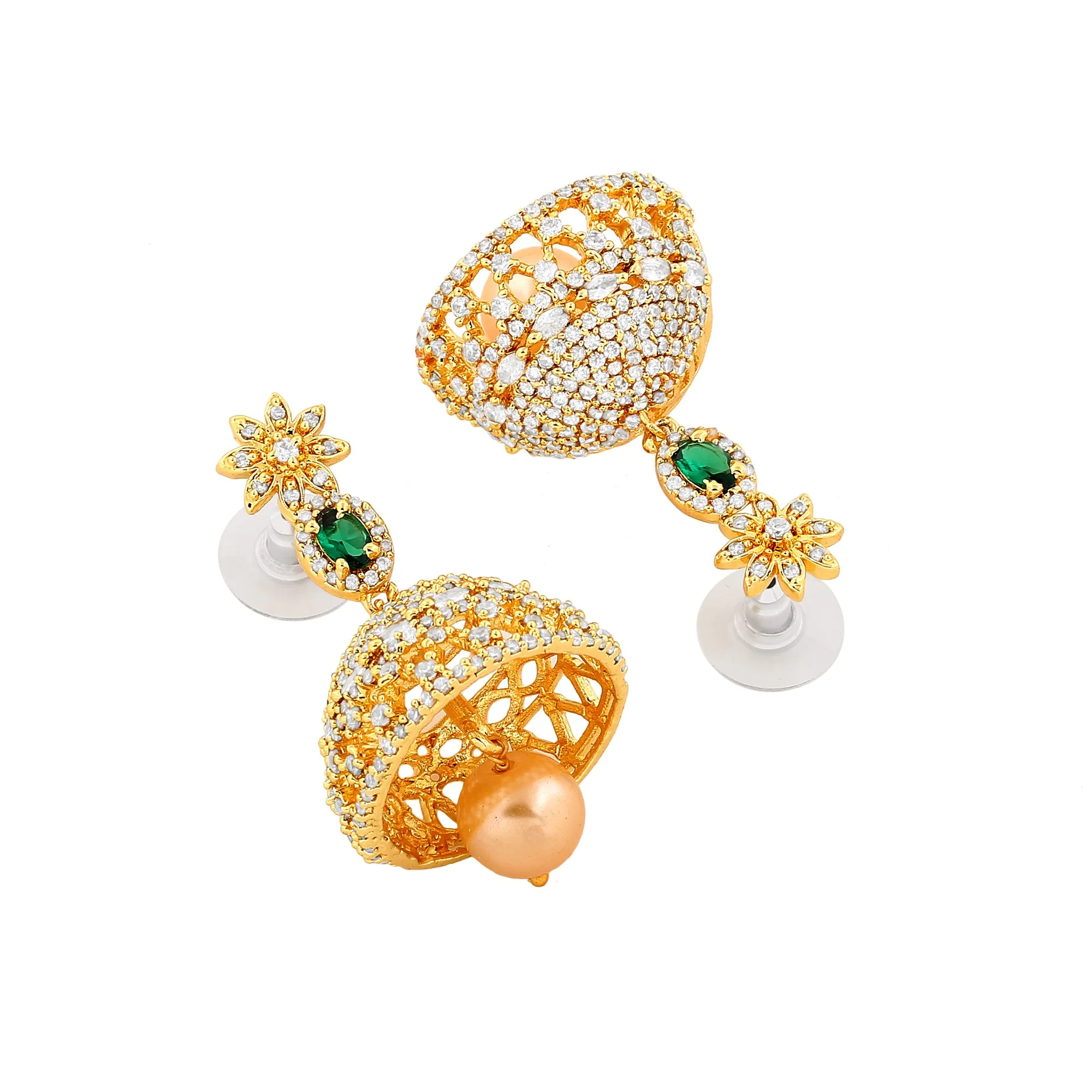 Estele Gold Plated CZ Designer Jaliwala Jhumka Earrings with Pearl & Emerald Crystals for Women
