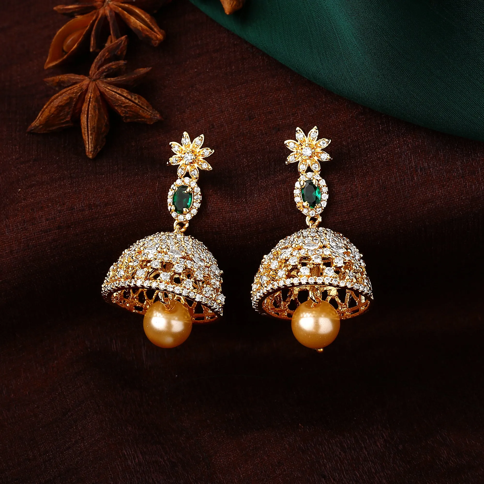 Estele Gold Plated CZ Designer Jaliwala Jhumka Earrings with Pearl & Emerald Crystals for Women