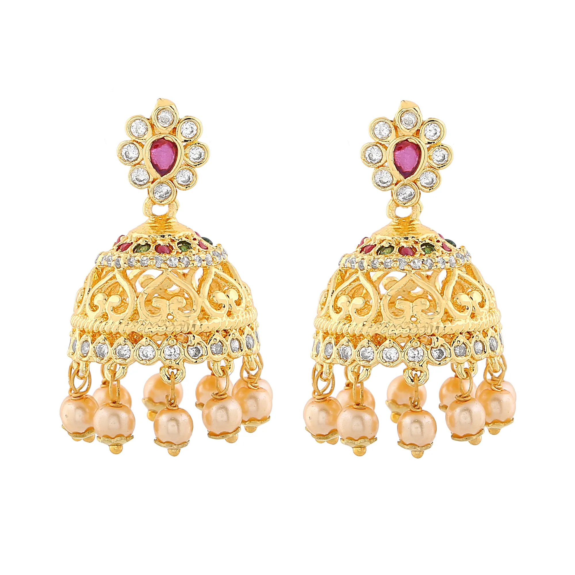 Estele Gold Plated CZ Elegant Jhumka Earrings with Pearl & Pink Crystals for Women