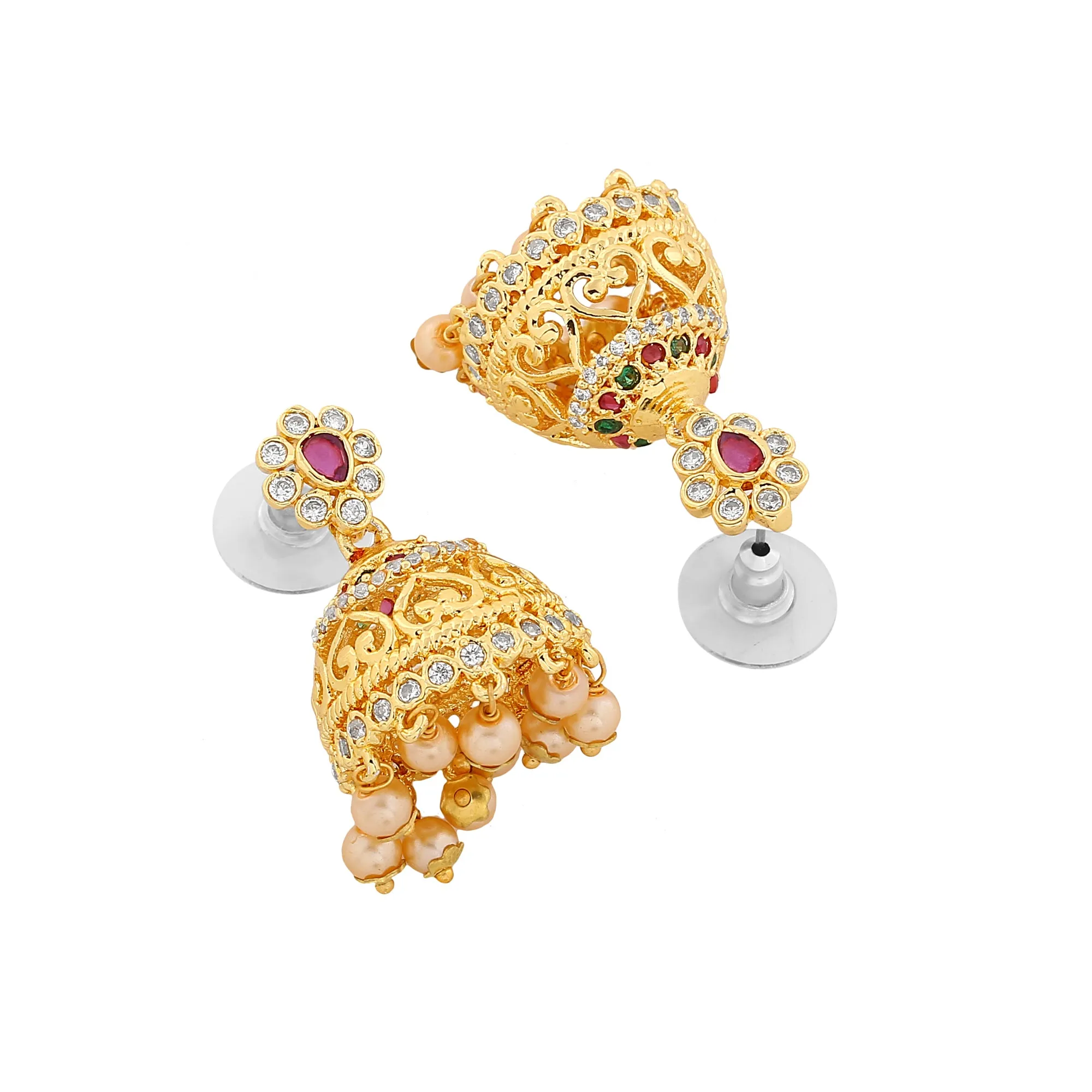 Estele Gold Plated CZ Elegant Jhumka Earrings with Pearl & Pink Crystals for Women