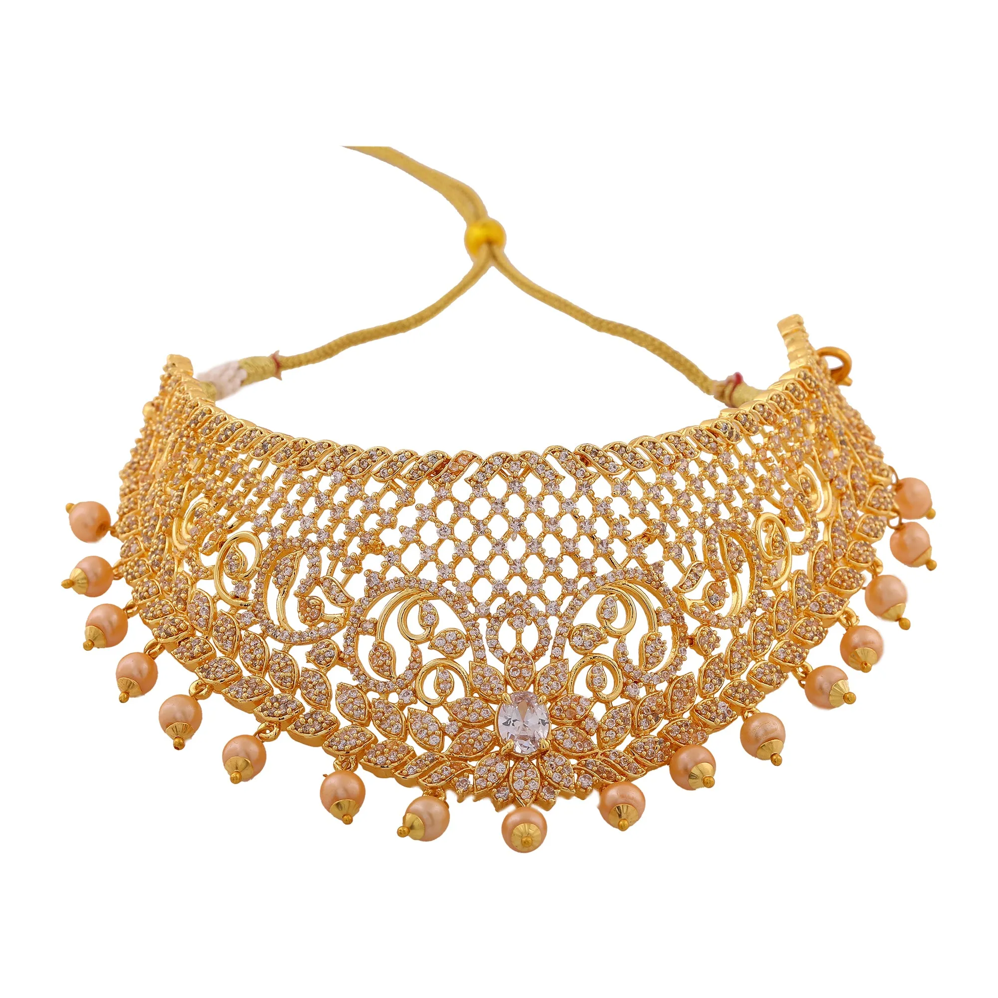 Estele Gold Plated CZ Fascinating Bridal Choker Necklace Set with Crystals & Pearl for Women