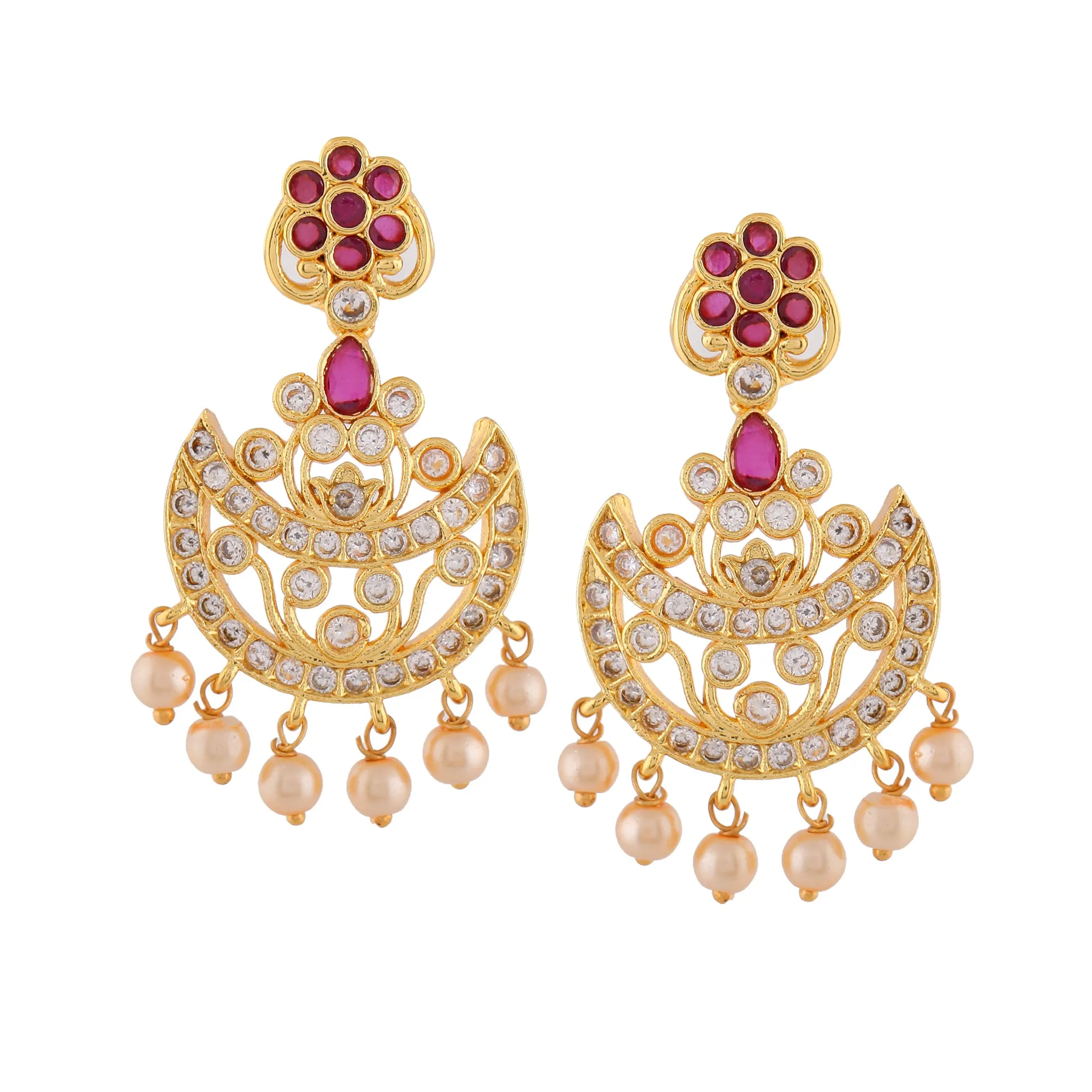 Estele Gold Plated CZ Gorgeous Flower Designer Earrings with Pearls for Women