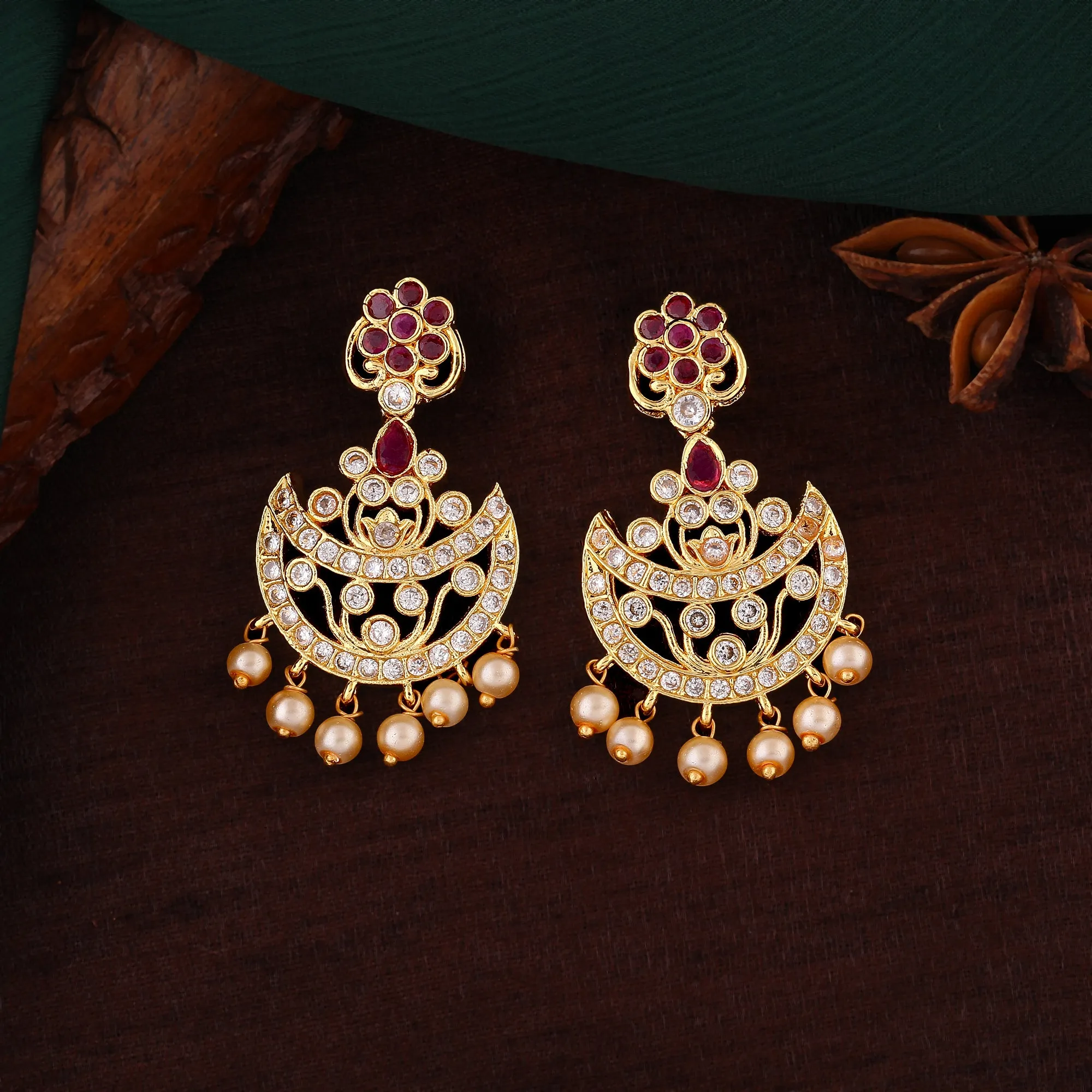 Estele Gold Plated CZ Gorgeous Flower Designer Earrings with Pearls for Women