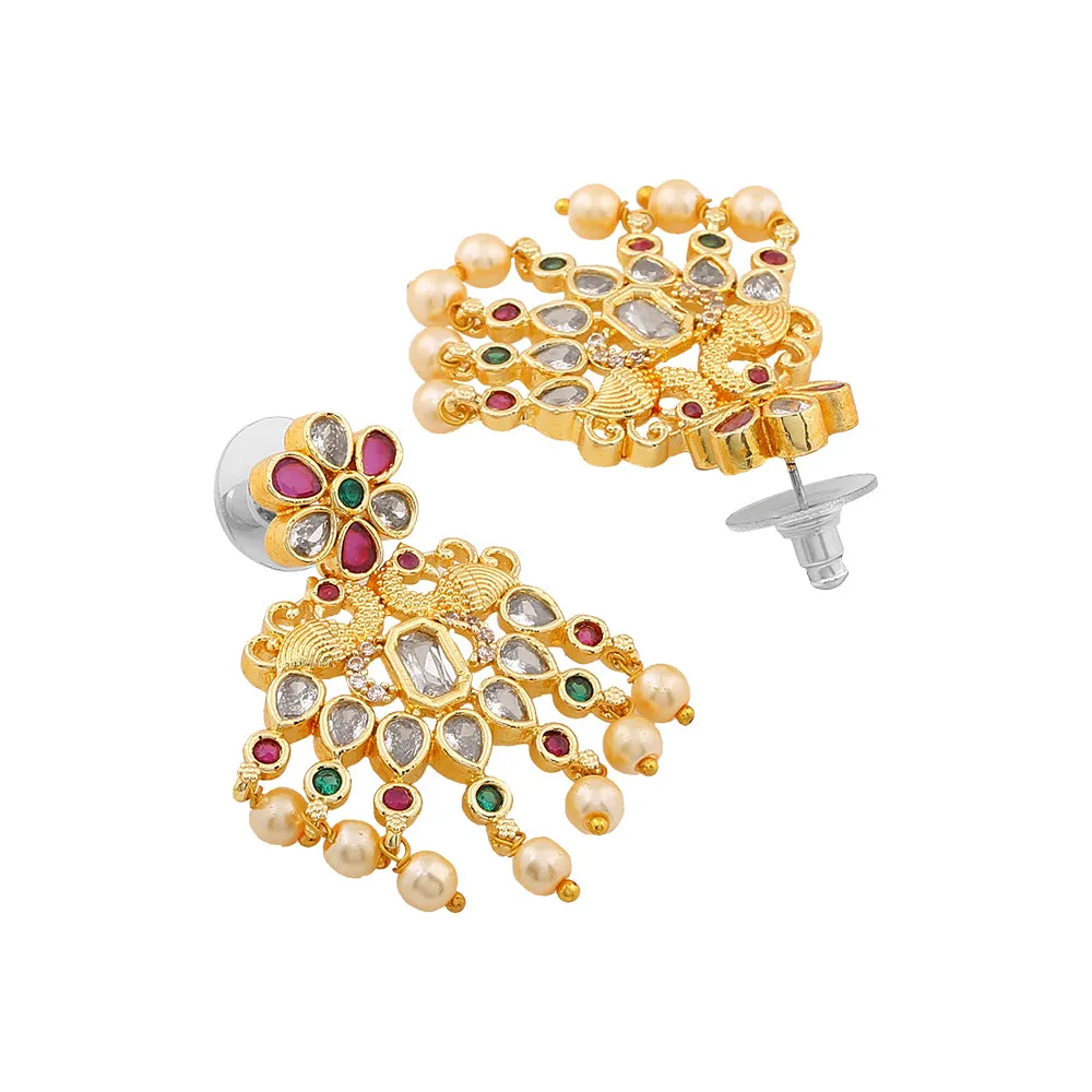 Estele Gold Plated CZ Peacock with Coins Designer Bridal Short & Long Necklace set with color stones & Pearls for Women