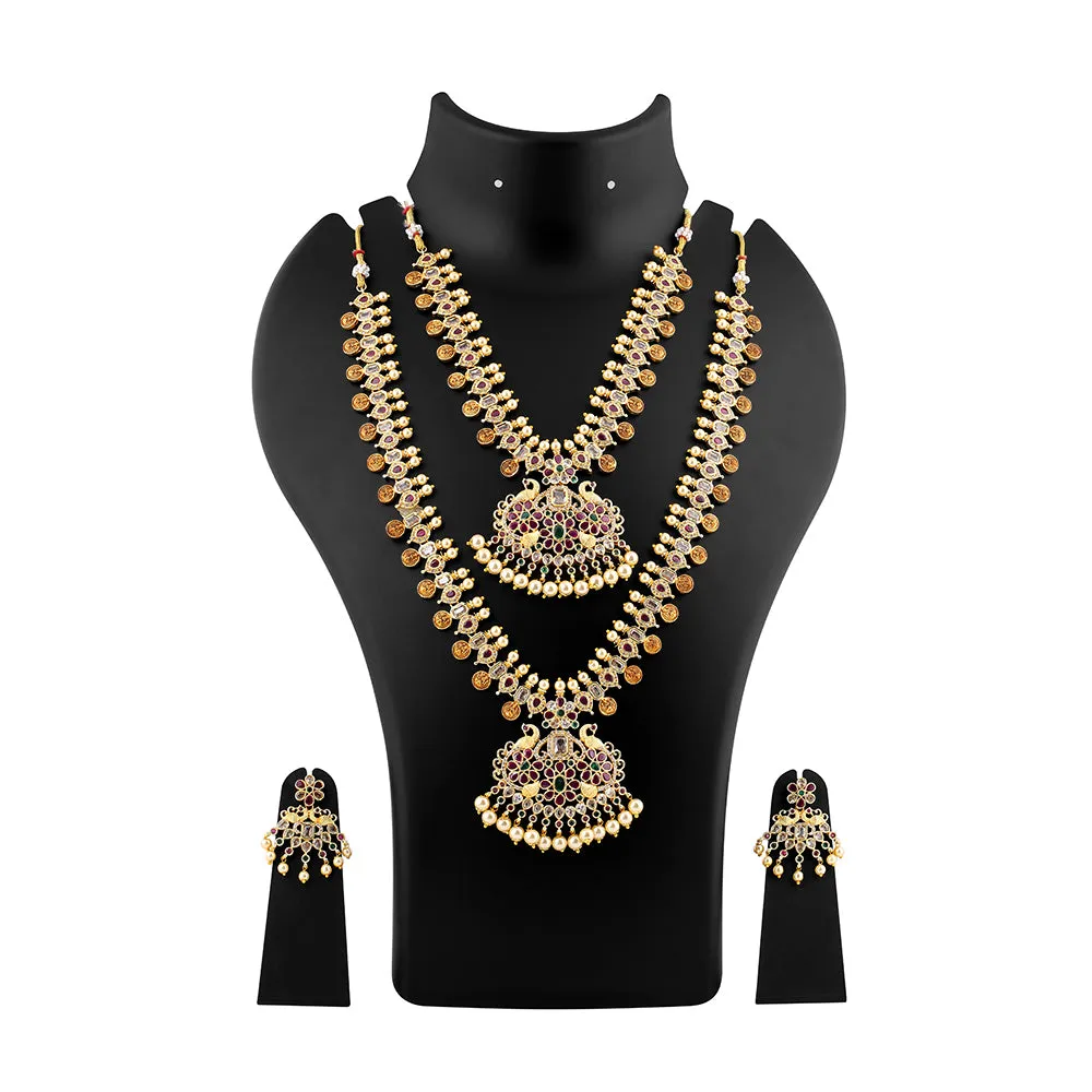 Estele Gold Plated CZ Peacock with Coins Designer Bridal Short & Long Necklace set with color stones & Pearls for Women
