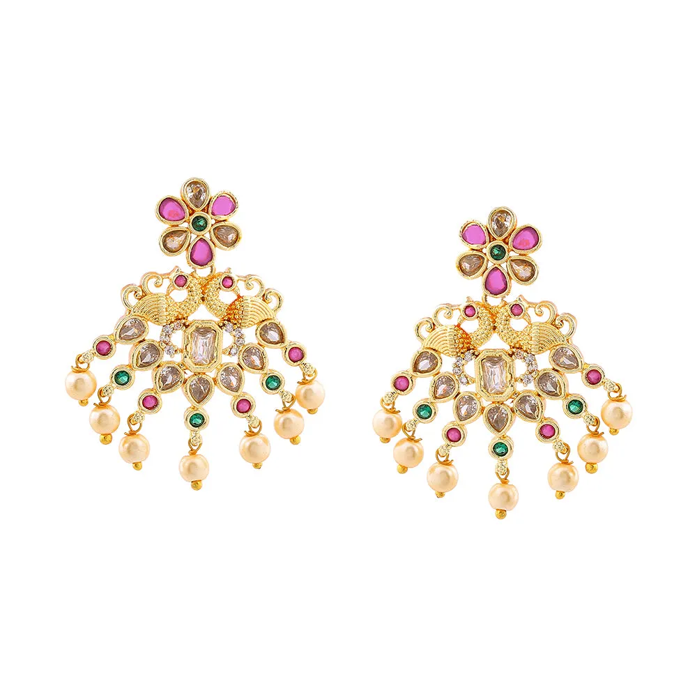 Estele Gold Plated CZ Peacock with Coins Designer Bridal Short & Long Necklace set with color stones & Pearls for Women