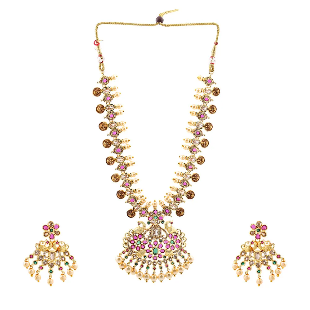 Estele Gold Plated CZ Peacock with Coins Designer Bridal Short & Long Necklace set with color stones & Pearls for Women