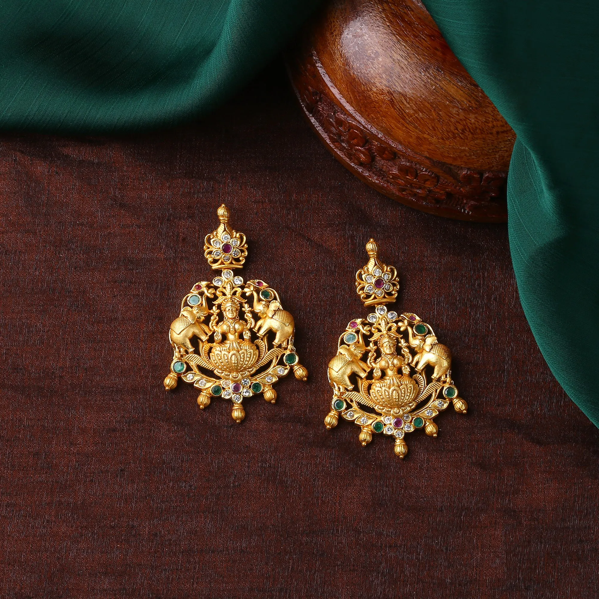 Estele Gold Plated CZ Traditional Laxmi Ji Decorated Bridal Short & Long Necklace Set with Color Stones