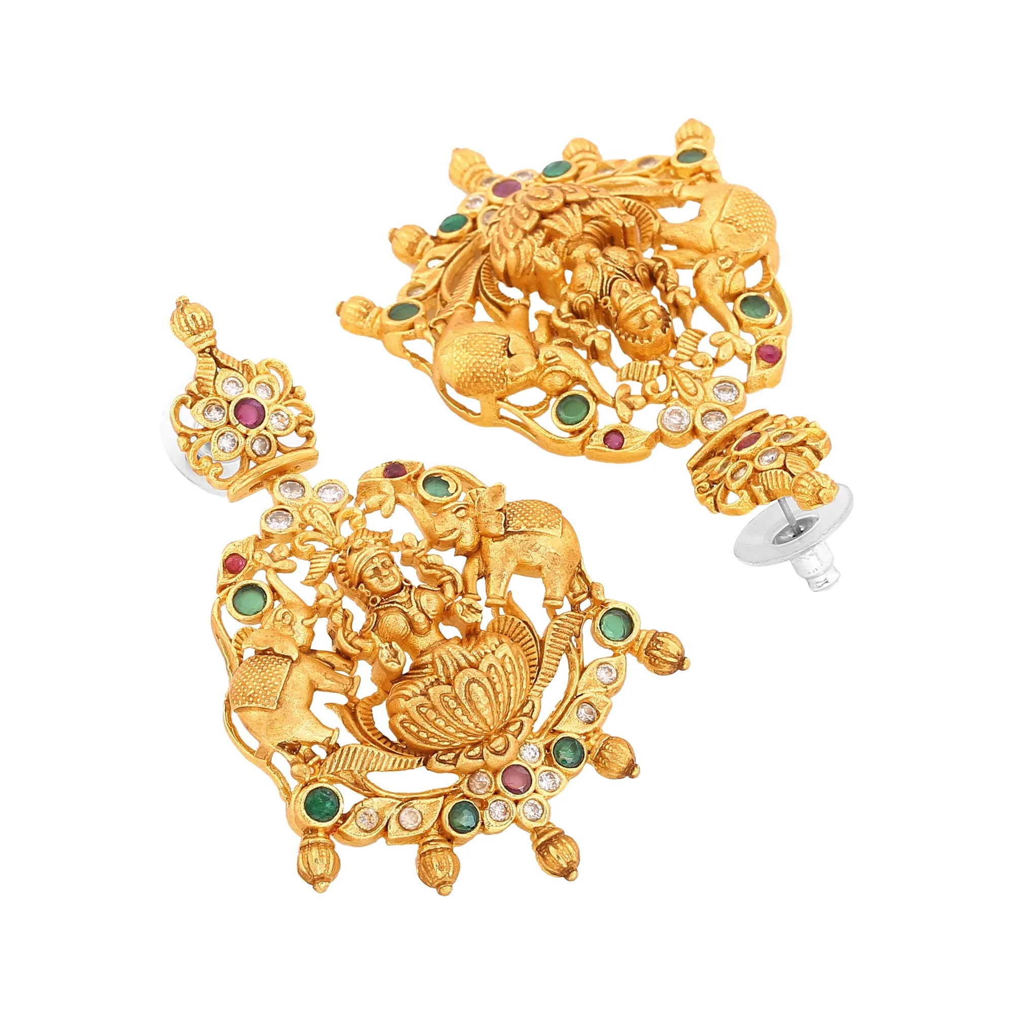 Estele Gold Plated CZ Traditional Laxmi Ji Decorated Bridal Short & Long Necklace Set with Color Stones