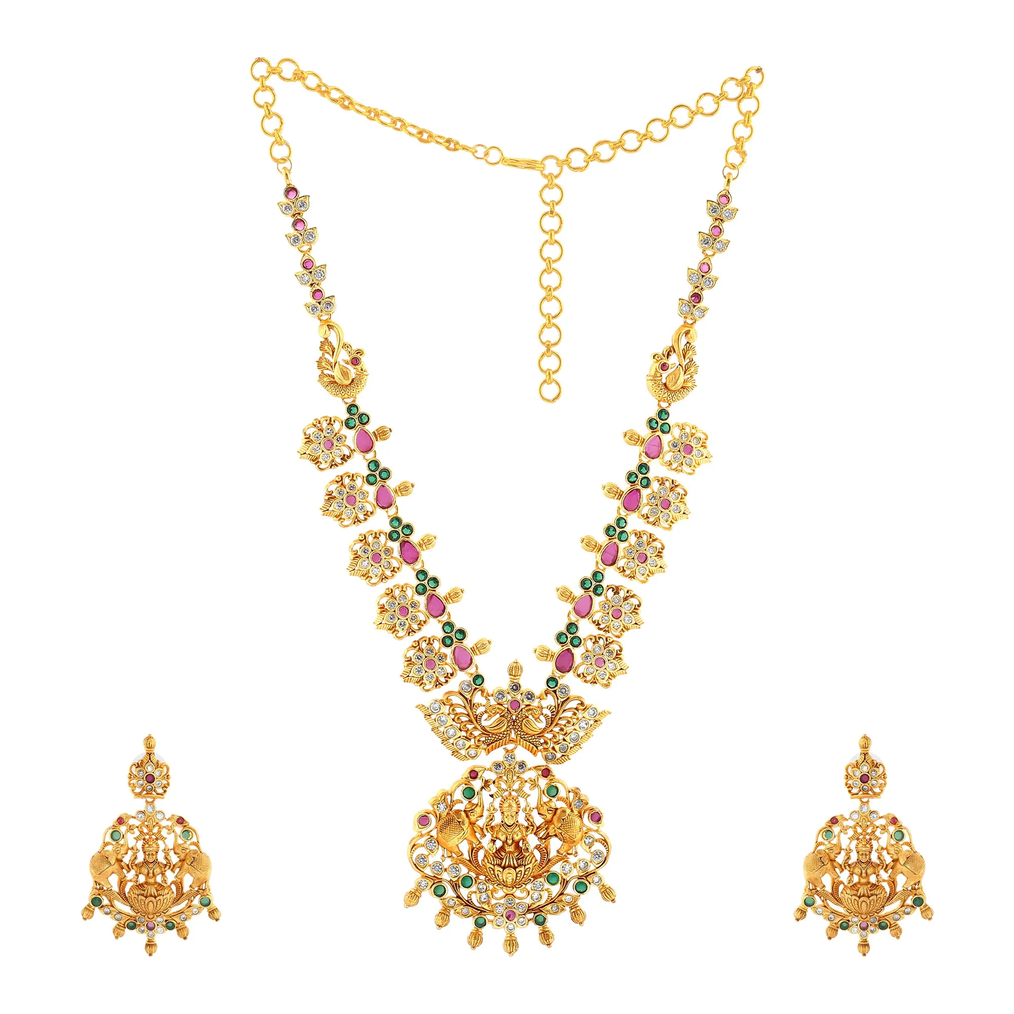 Estele Gold Plated CZ Traditional Laxmi Ji Decorated Bridal Short & Long Necklace Set with Color Stones