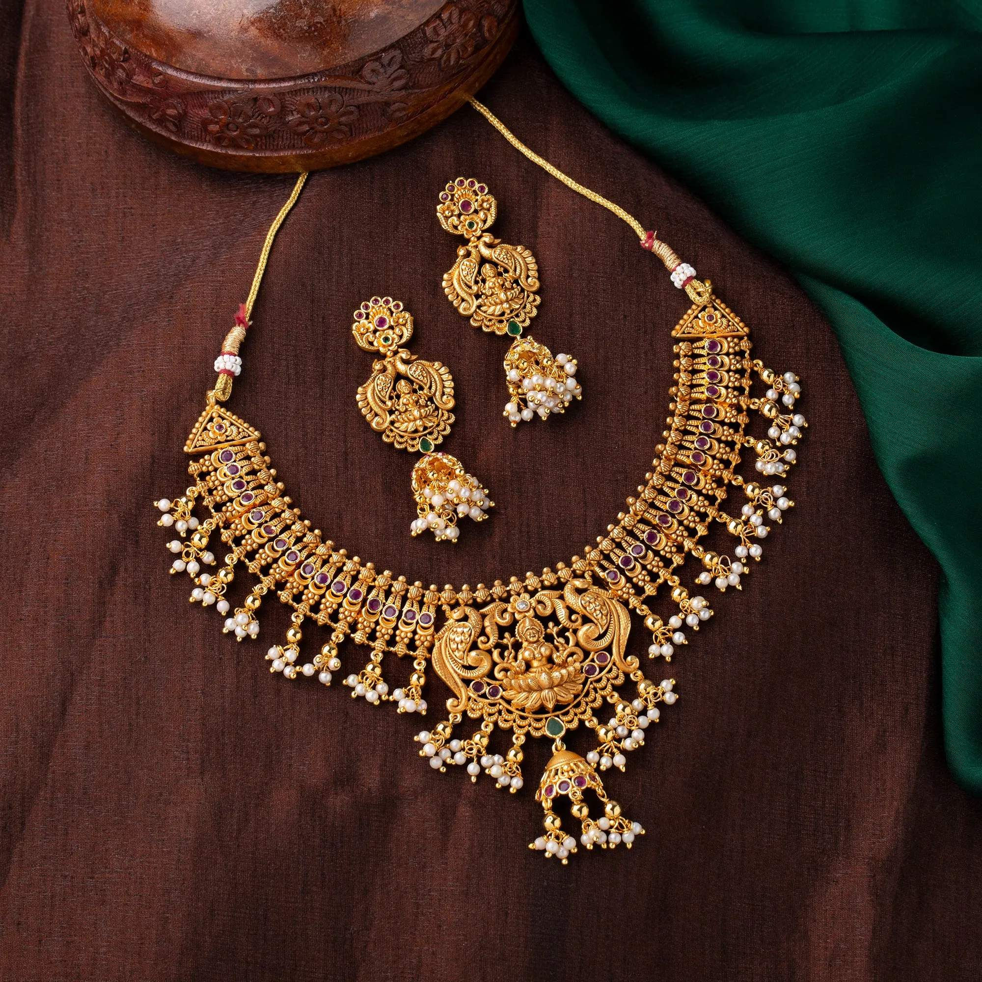 Estele Gold plated Divine Lakshmi Ji Temple Necklace set with color stones & Pearls