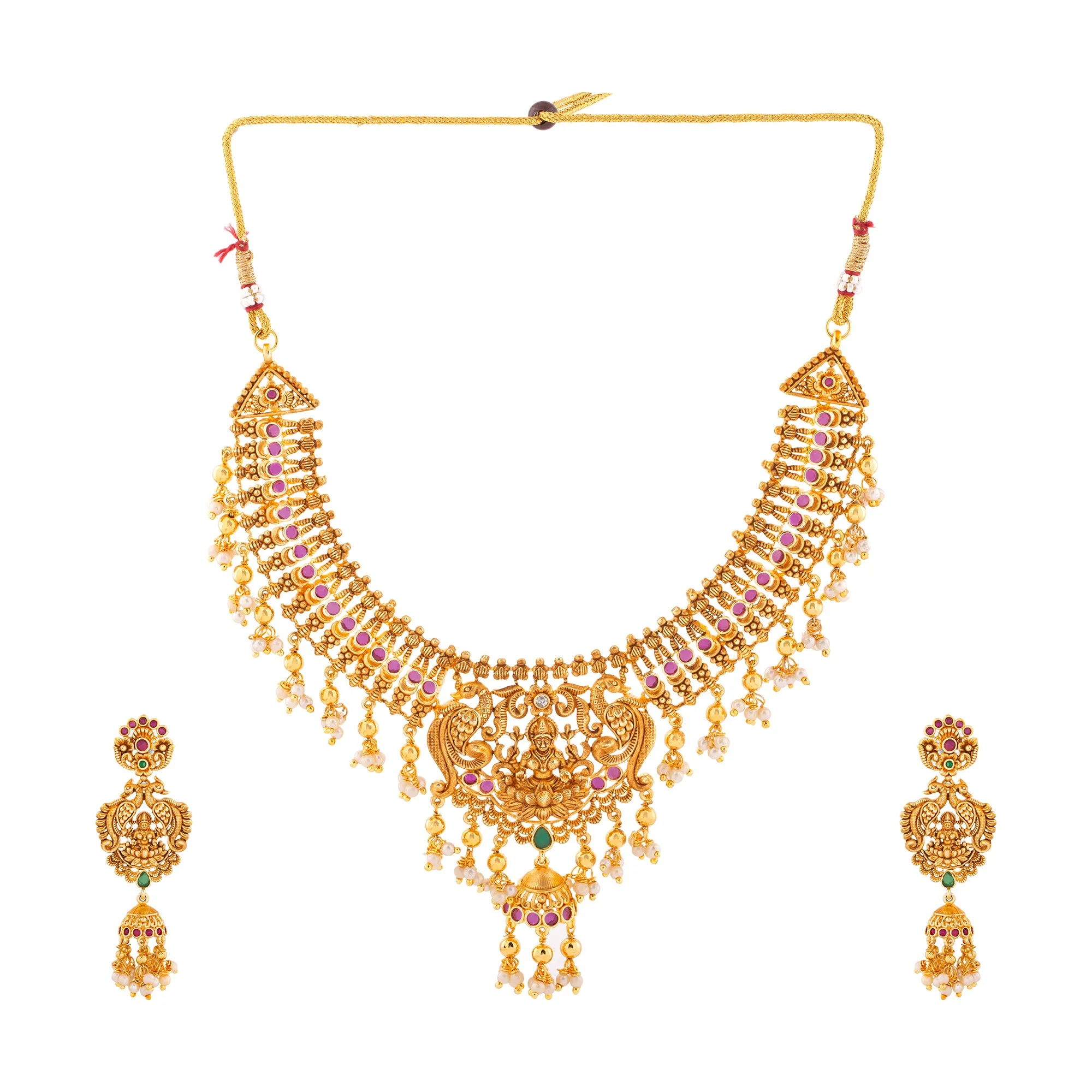 Estele Gold plated Divine Lakshmi Ji Temple Necklace set with color stones & Pearls