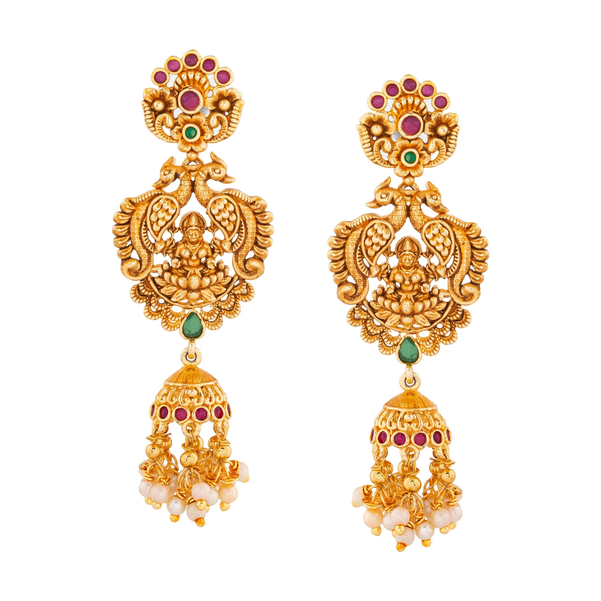 Estele Gold plated Divine Lakshmi Ji Temple Necklace set with color stones & Pearls
