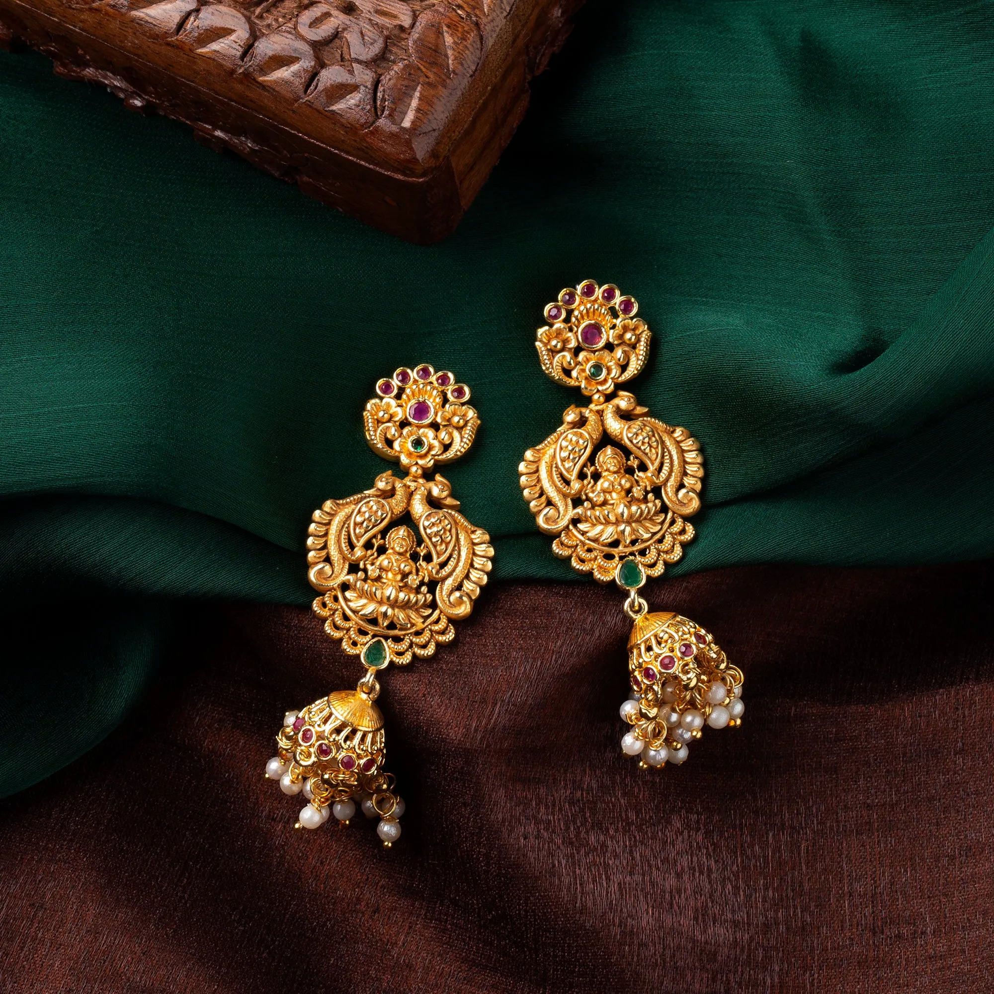 Estele Gold plated Divine Lakshmi Ji Temple Necklace set with color stones & Pearls