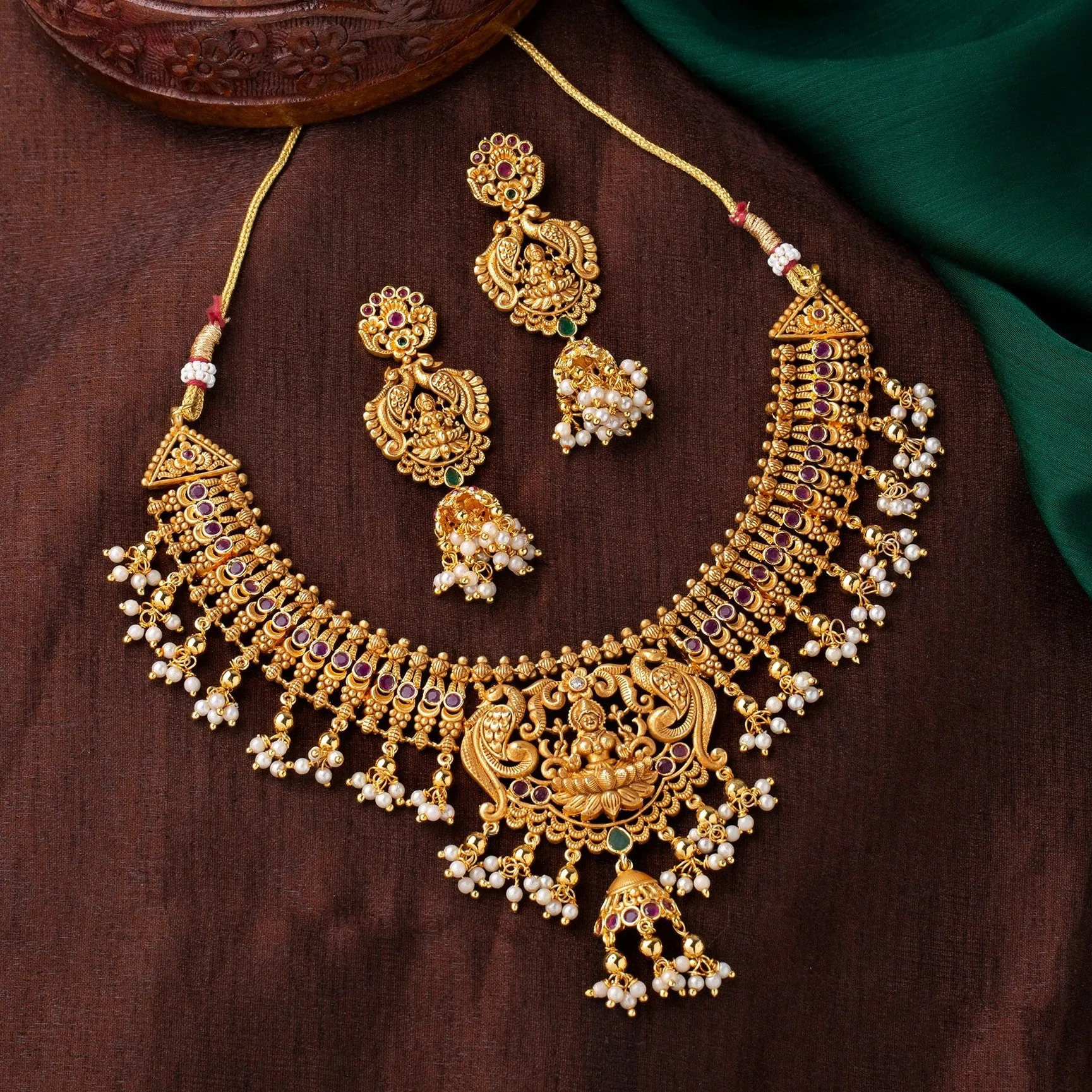 Estele Gold plated Divine Lakshmi Ji Temple Necklace set with color stones & Pearls