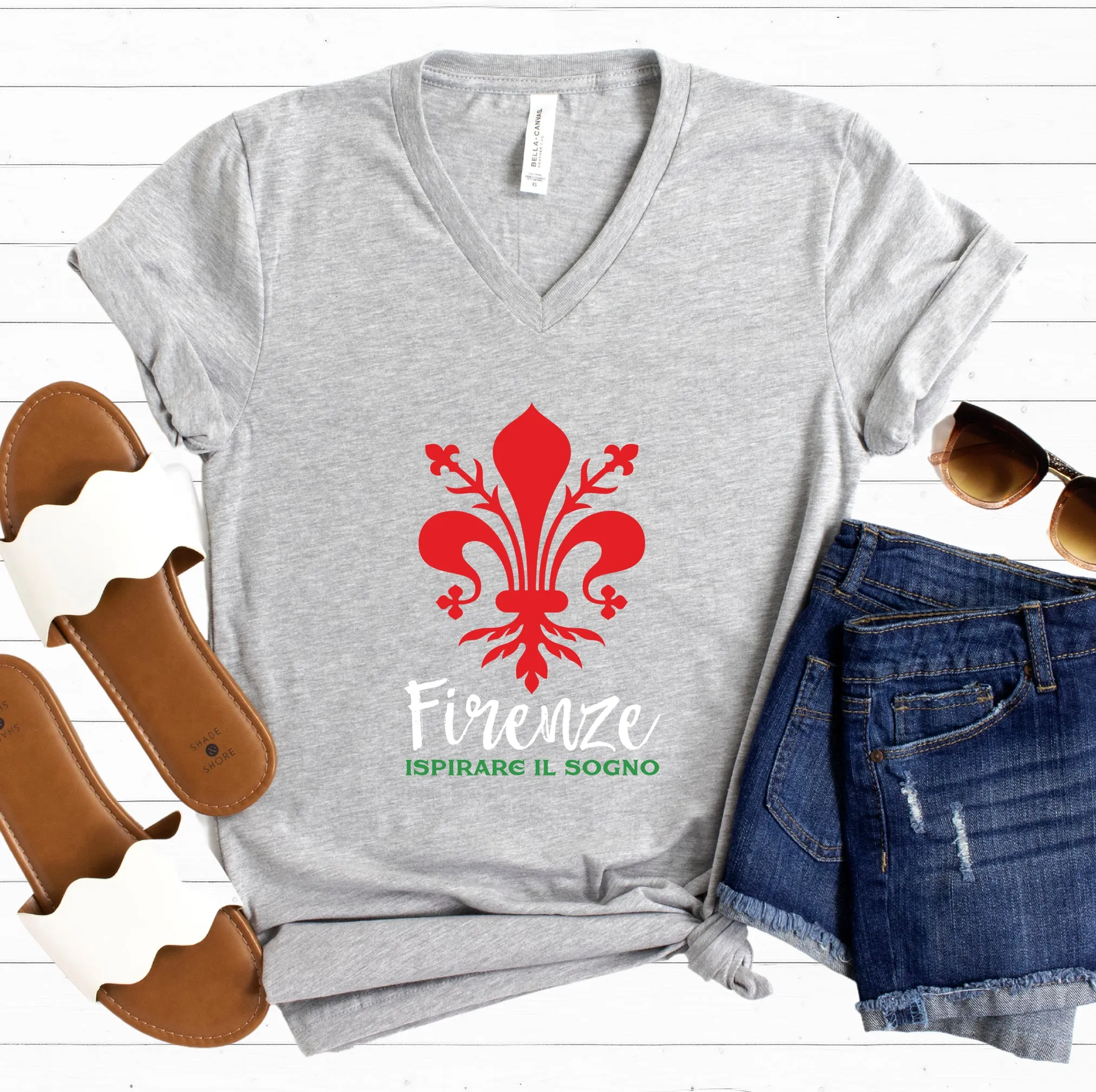Florence Italy Fleur de Lis Shirt | Firenze Italia Italian Gift | Unisex Jersey V-neck T-shirt