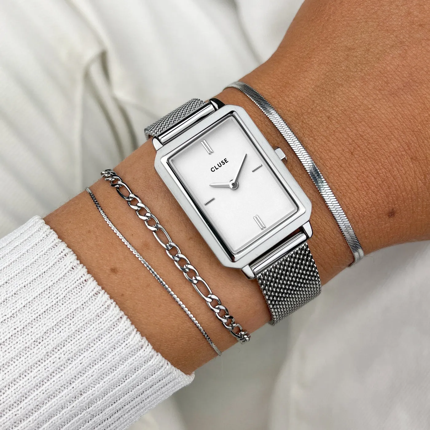 Fluette Watch Mesh White, Silver Colour