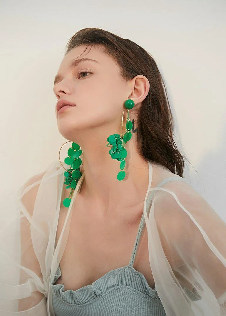 Green Hoop Disc Drop Earrings