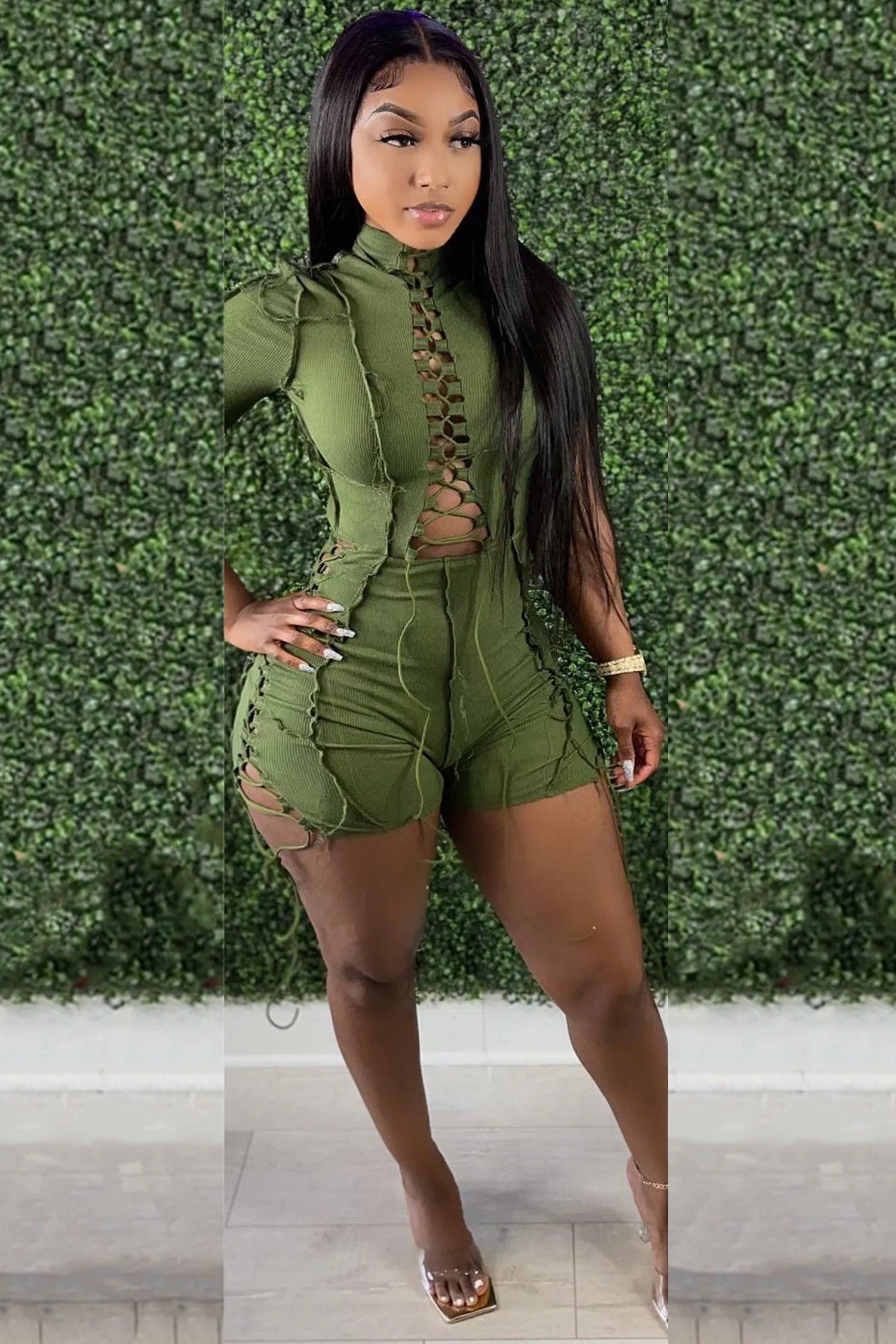 Green Lace Up Short Sleeve Contrast Stitch Bodycon Romper