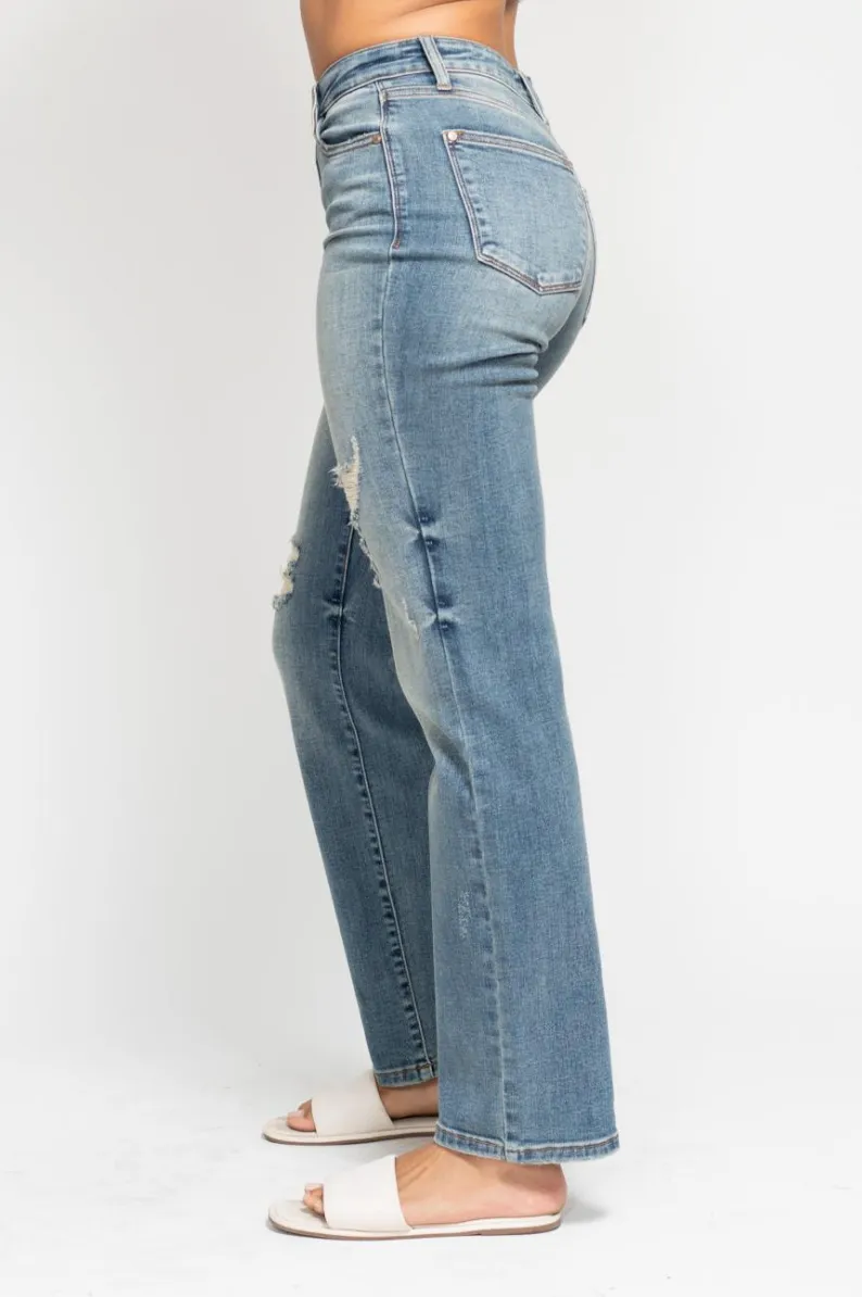 Judy Blue High Waist Dad Straight Destroyed Harsh Tint Jeans