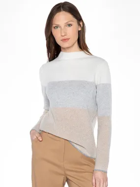 Kinross Plaited Honeycomb Wide Stripe Pullover in Camel Multi