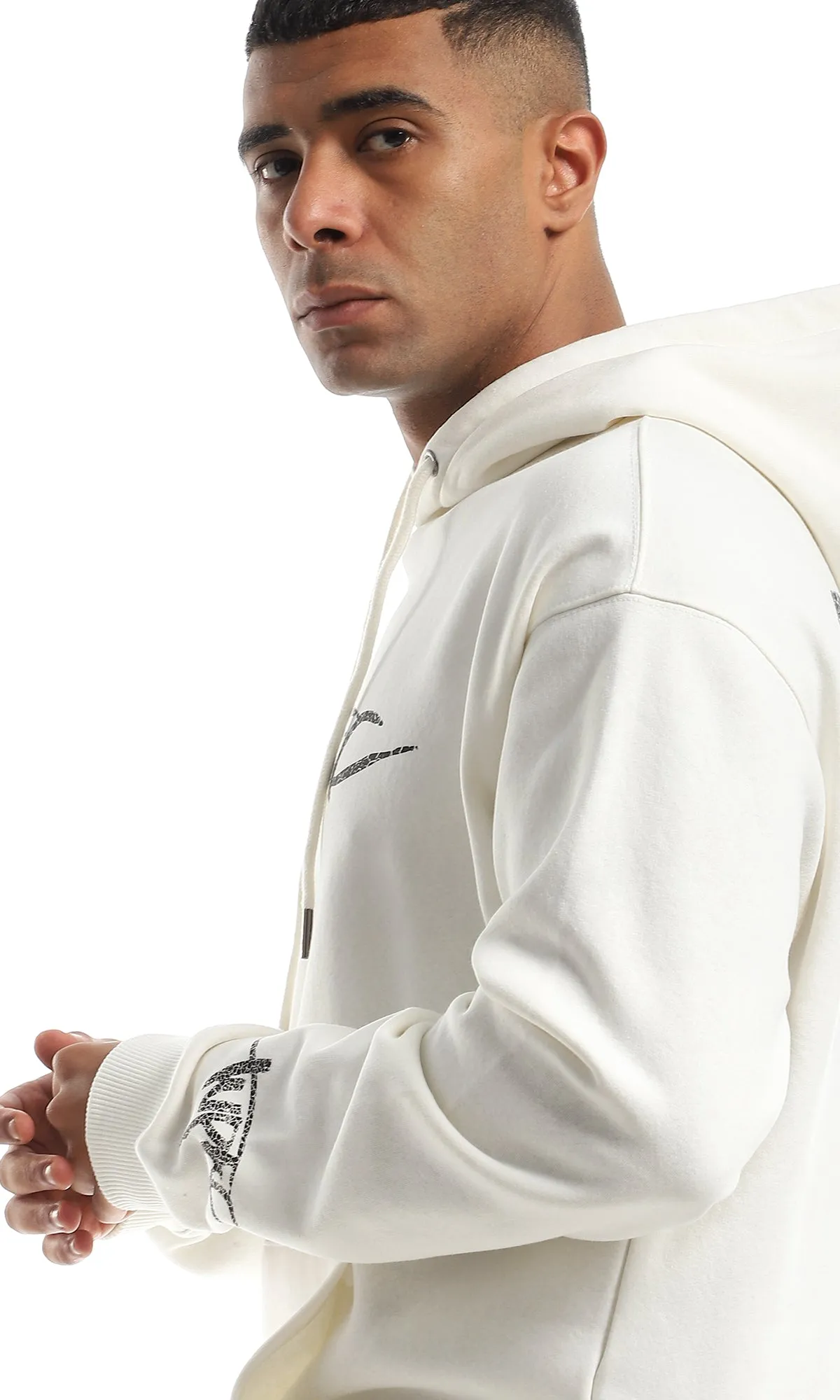 O151008 Off White Fleece Hoodie With Chest Print