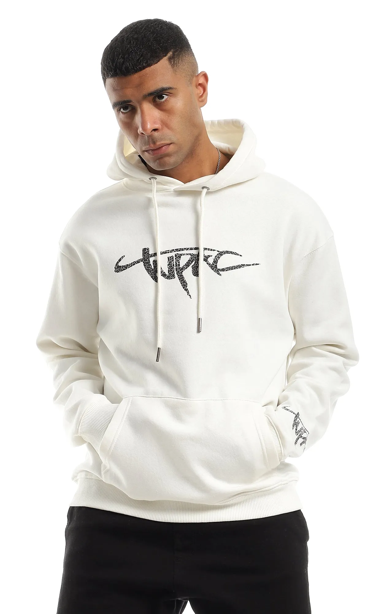 O151008 Off White Fleece Hoodie With Chest Print